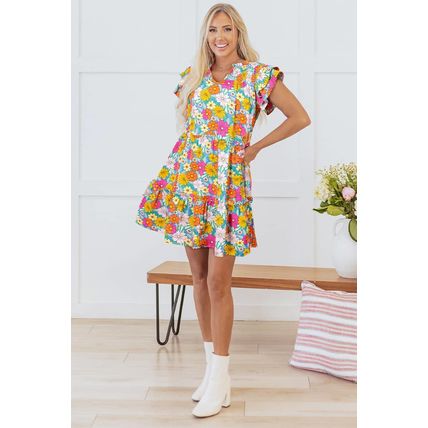 Sky Blue Floral Print Smocked Notch V Neck Flutter Sleeve Mini Dress