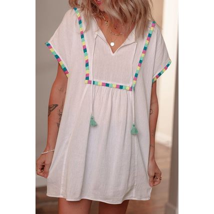 White Colorful Fringed Detail Tassel Tie Neck Short Sleeve Blouse