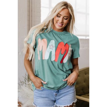 Sea Green MAMA Printed Mineral Wash Crewneck T Shirt