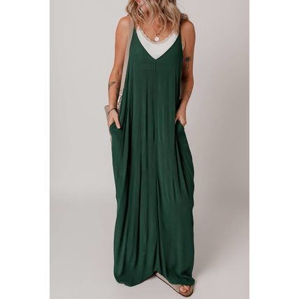Duffel Green Spaghetti Straps Pocketed Slouchy Maxi Dress
