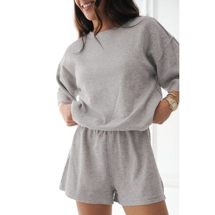 Gray Solid Color Loose Tee 2 Piece Shorts Set