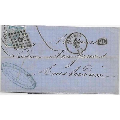 Belgium #19 SFL Anvers to Amsterdam Holland 1866, agent oval "PD" cancels