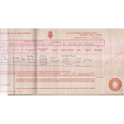 1973 copy of BIRTH CERTIFICATE for Dudley Richard Forwood born 1912,Chelsea.