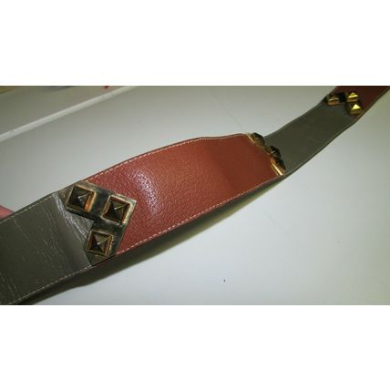 RARE 1980's YVES SAINT LAURENT Brass Leather Belt TAN/GREY-GREEN Med 29"31" 4974