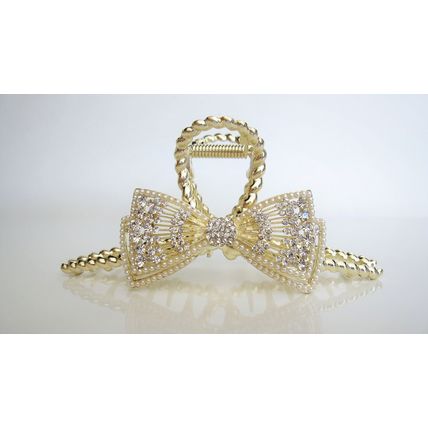 Long one sided crystal bow gold metal hair claw clip for medium thick hair