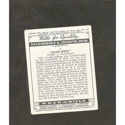 Cigarette Card Wills Racehorses and Jockeys 1938 #2 Black Speck