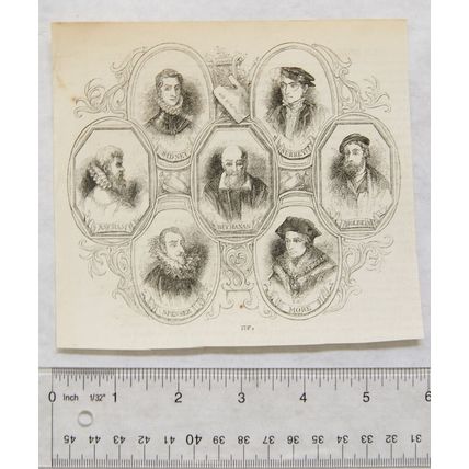 1860s engraving - Sidney, Surrey, Ascham, Buchanan, Holbein, Spenser, More