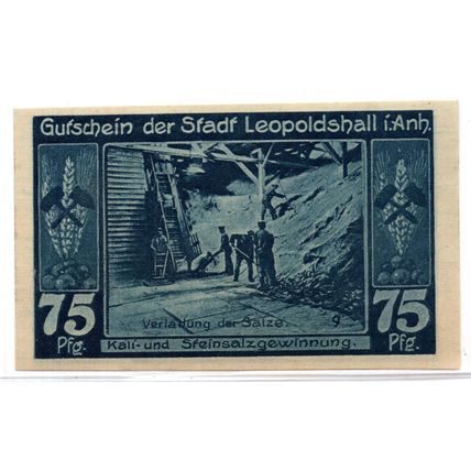 1921 Germany Leopoldshall Notgeld 75 Pfennig Note (1303)