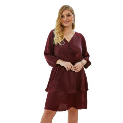 Women's Plus Size Solid V Neck Ruffled Hem Dress