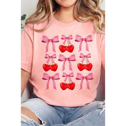 Pink Bow Cherry Print Crew Neck Casual T Shirt