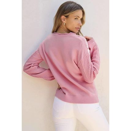 Peach Blossom Flower Detail Knitted Notched Neck Sweater