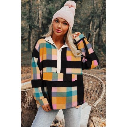 Black Plaid Print Pocketed Half Button Collared Sweatshirt