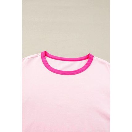 Pink Colorblock Patchwork Long Sleeve Loose Top