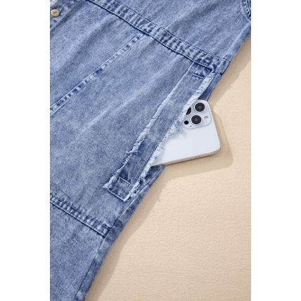Beau Blue Mineral Wash Long Sleeve Button Up Raw Hem Pocketed Denim Dress