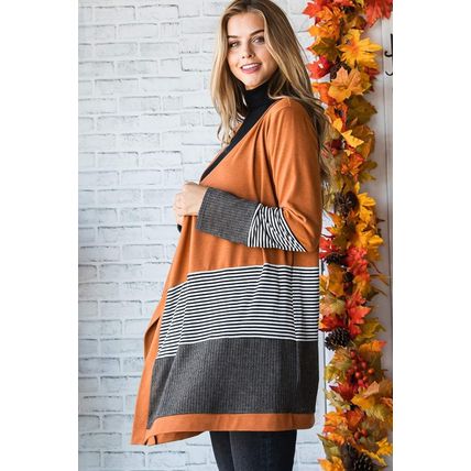 Orange Colorblock Striped Patchwork Open Cardigan
