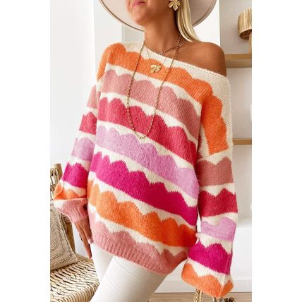 Rose Red Wave Striped Balloon Sleeve Drop Shoulder Sweater