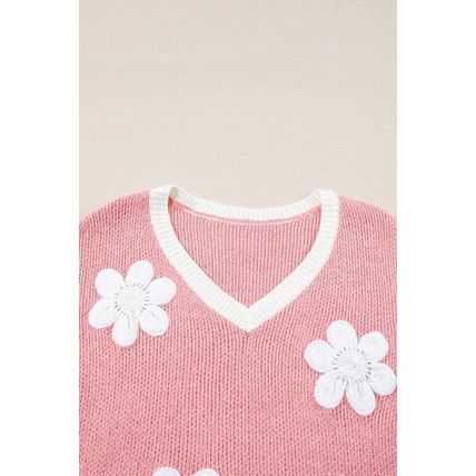Pink Flower V Neck Dropped Shoulder Sweater