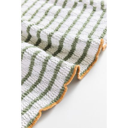 Green Stripe Textured Frilly Trim Buttons Henley Long Sleeve Top