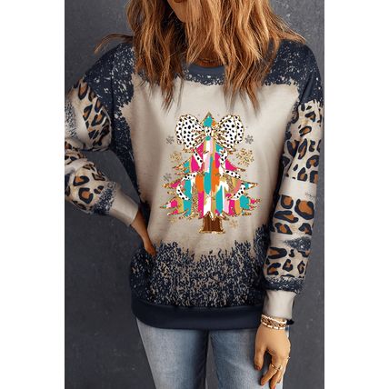 Black Christmas Tree Graphic Bleached Leopard Tie Dye Sweatshirt
