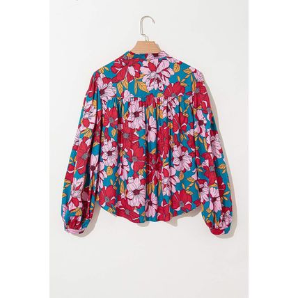 Red Floral Printed Balloon Sleeve Half Buttons Blouse