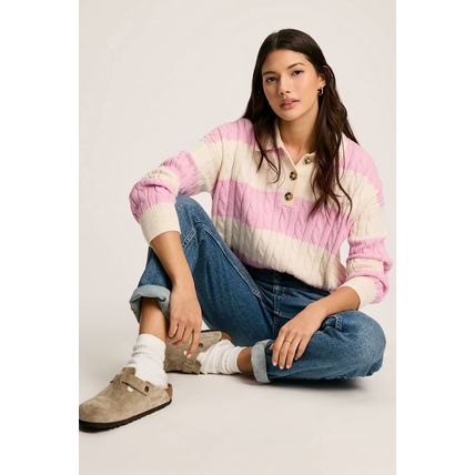 Pink Stripe Cable Knit Collared Henley Sweater