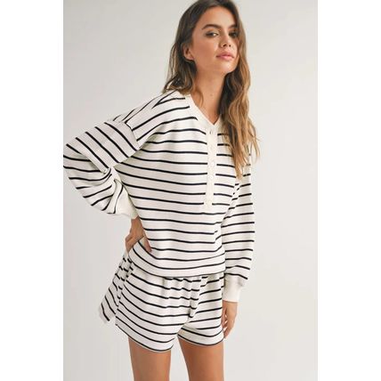 Black white Stripes Printed Half Button Long Sleeve Top and Shorts Set
