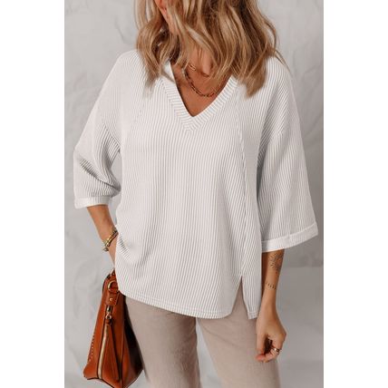 White Solid Color Corded Drop Shoulder 3/4 Sleeve V Neck Top