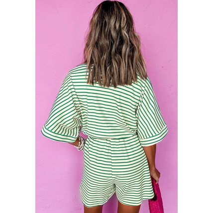Green Stripe Textured Short Sleeve Collared Buttoned Waist Tie Romper