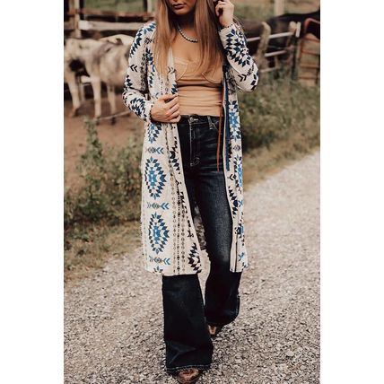 Sky Blue Western Aztec Printed Open Front Long Cardigan