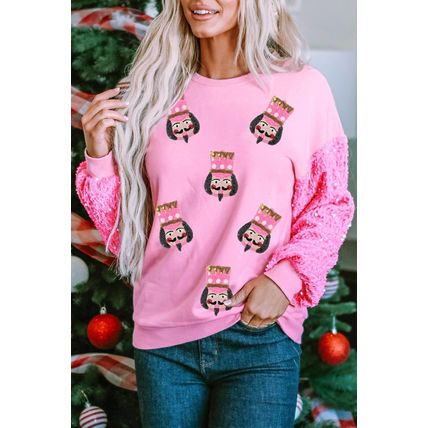 Pink Christmas Nutcracker Graphic Sequin Patchwork Long Sleeve Top