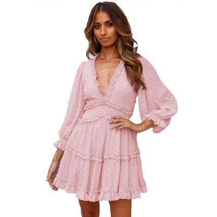 Pink Layered Ruffled Open Back Puff Sleeve Swiss Dot Mini Dress