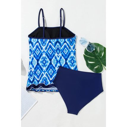 Navy Blue Abstract Print Frilled Trim Spaghetti Straps Tankini Set
