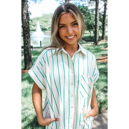 Mint Green St Patricks Striped Wide Short Sleeve Shift Mini Shirt Dress