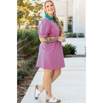 Rose Stripe Collared V Neck Puff Sleeve Shift T Shirt Dress with Pockets