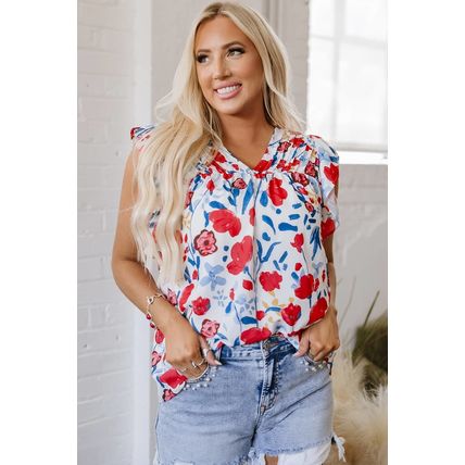 Red Flowers Pintuck Detail V-Neck Ruffled Sleeve Top