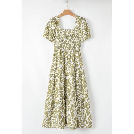 Yellow Boho Floral Square Neck Smocked Bust Puff Sleeve Tiered Long Dress