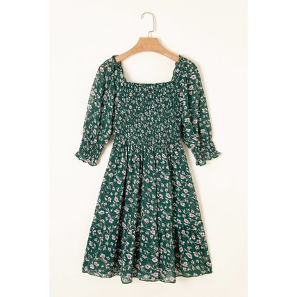 Green Smocked Square Neck Puff Short Sleeve Floral Dress