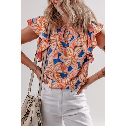 Orange Summer Flower Print Notched Neck Ruffle Sleeve Blouse