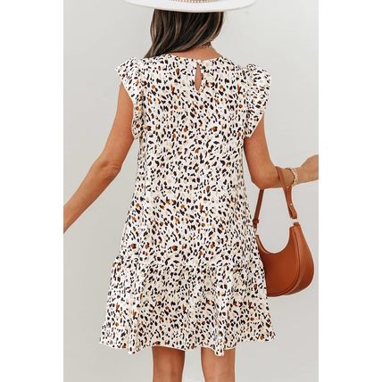 Khaki Leopard Ruffled Flutter Sleeve Keyhole Back Mini Dress