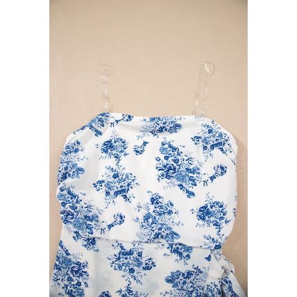 Sky Blue Floral Print Strapless Zipped Back Knot Waist Ruffled Romper