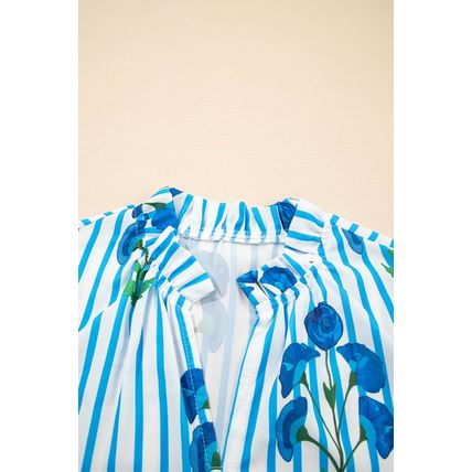Sky Blue Stripe Floral Buttoned Frilly Notched Neck Puff Sleeve Summer Blouse