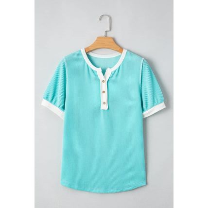 Turquoise Corded Colorblock Buttons Henley T Shirt
