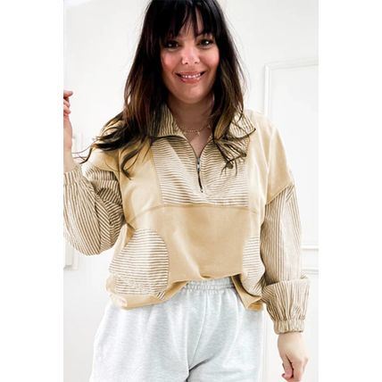 Khaki Stripe Mix Half Zip French Terry Plus Size Sweatshirt