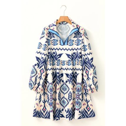 Blue Ethnic Print Striped Split Neck Long Sleeve Flowy Mini Dress