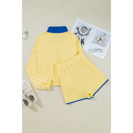Yellow Color Block Patchwork Half Button Pullover and Shorts 2pcs Outfit