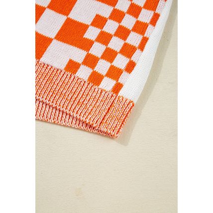 Orange Checkered Open Front Drop Shoulder Cardigan
