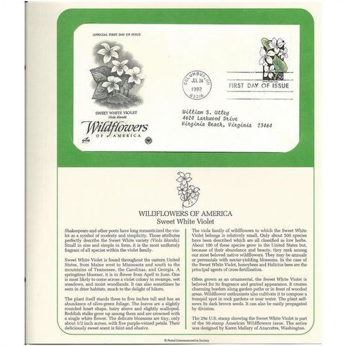 WILDFLOWERS OF AMERICA : SWEET VIOLET ' OFFICIAL FIRST DAY of ISSUE ' (1992)