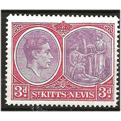 St Kitts & Nevis 1946 SG73c 3d Dull Reddish Purple & Scarlet P14 Mtd Mint . ..