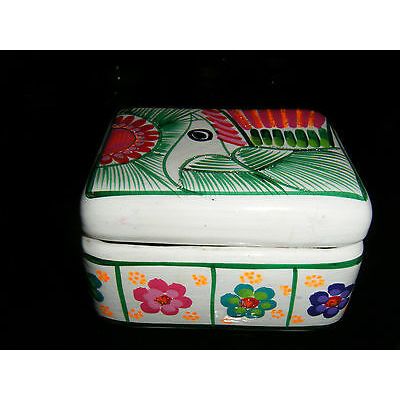 Mexican Folk Art Jewelry Pottery White Multi Colored Handpainted Trinket Box