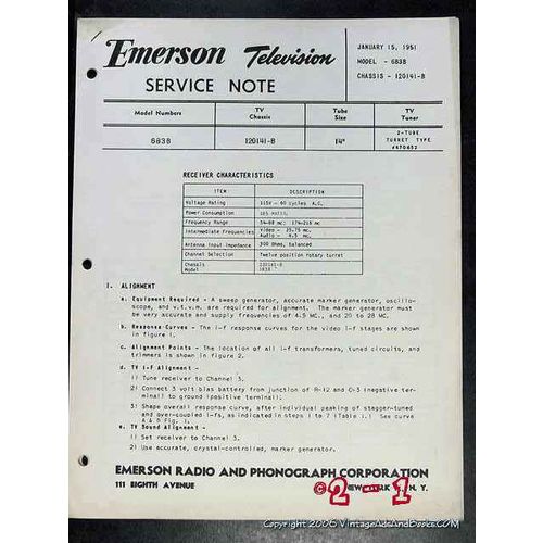 EMERSON 1951 TV model 683B Television Service Note manual